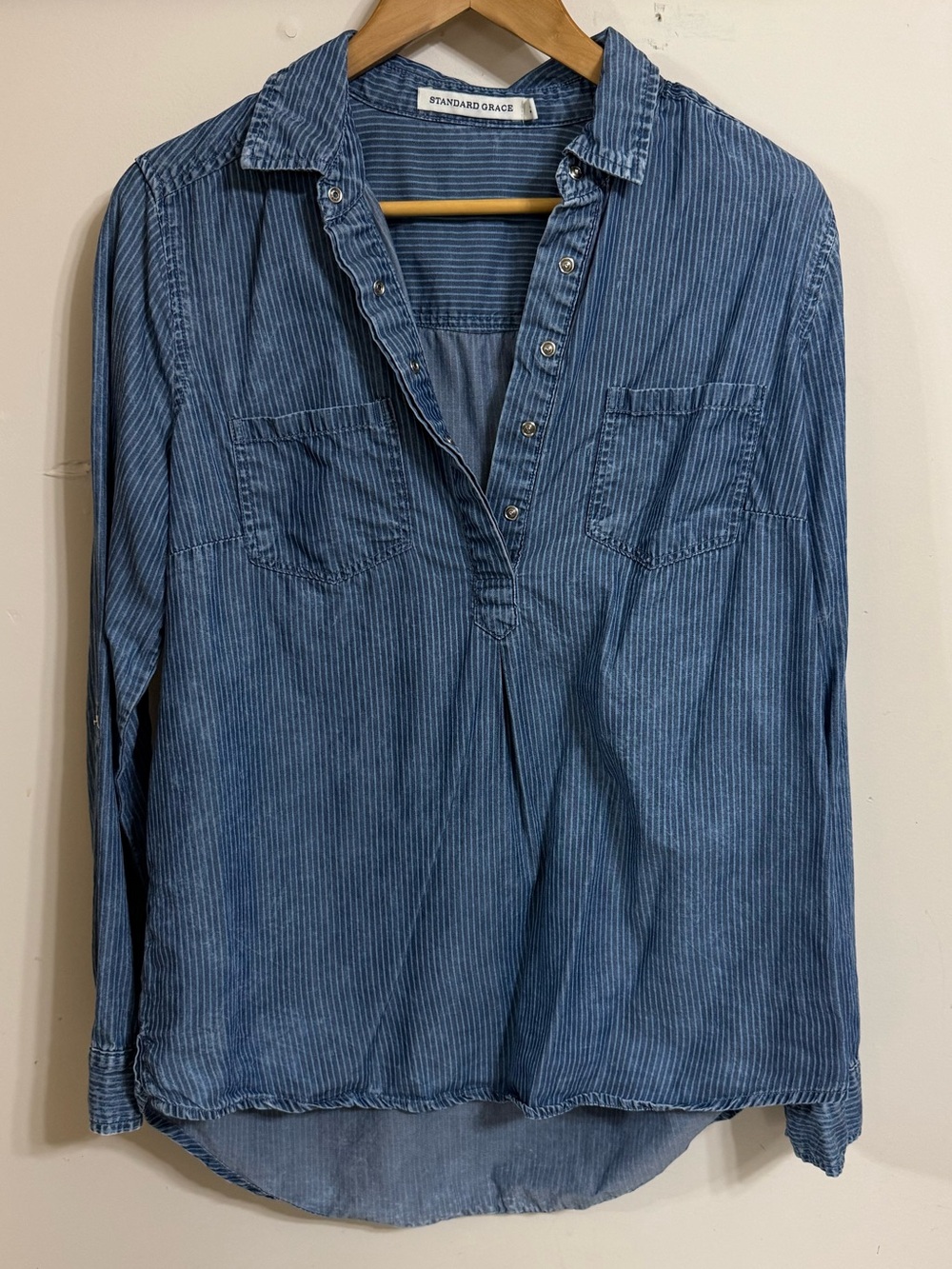 Standard Grace Blue Pinstripe 3/4 Snap Popover